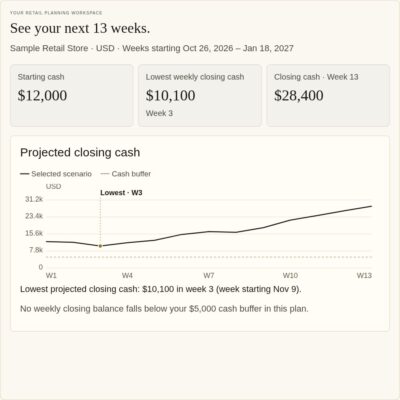 Cash overview with the lowest week label above the plot and a dotted guide to week 3. Fictional retail example.